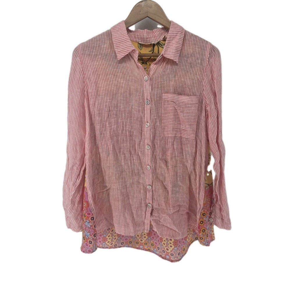 Soft Surroundings Button Down Womens XS Pink Striped Linen Mixed Media Patchwork